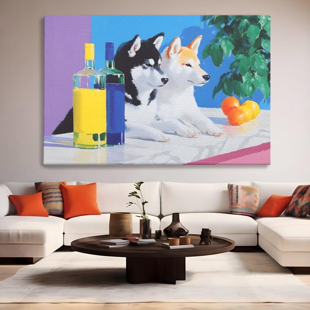 Tablou canvas cu pictura cu doi catei si sticle, fara rama, pe sasiu de lemn, pe perete intr-un living